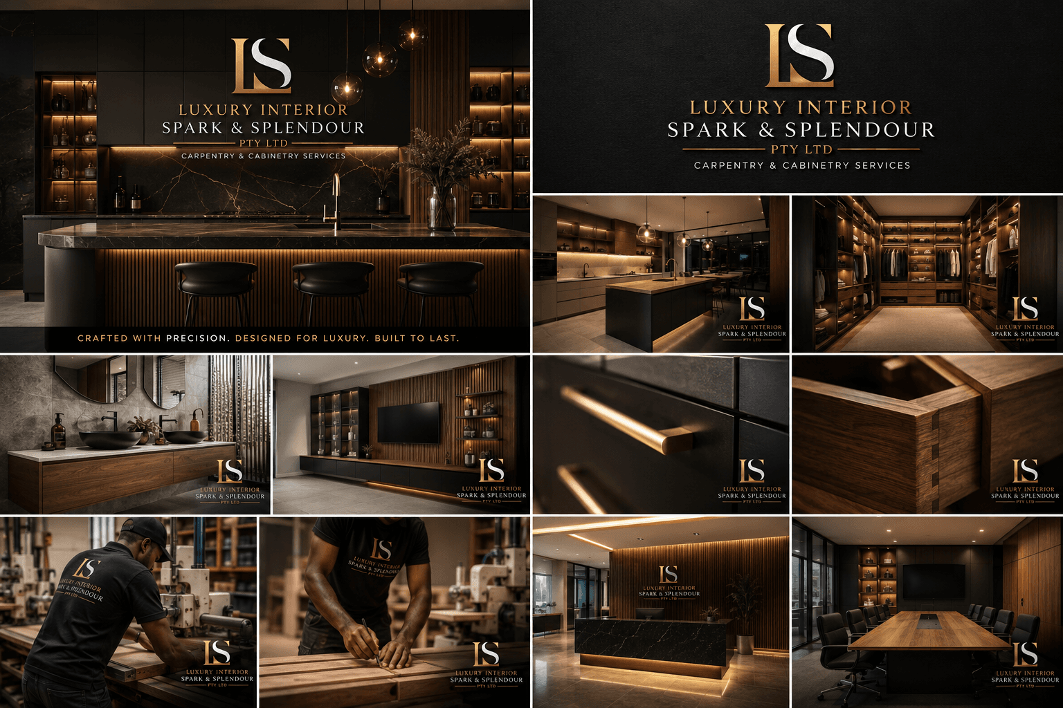 Collage showcasing luxury custom cabinetry, high-end kitchens, closets, and offices with detailed woodworking craftsmanship.